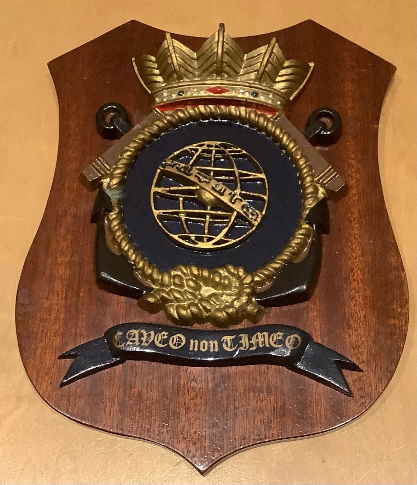 Decoratief Houten Wapenschild met Kroon en Latijnse Tekst, Ophalen of Verzenden
