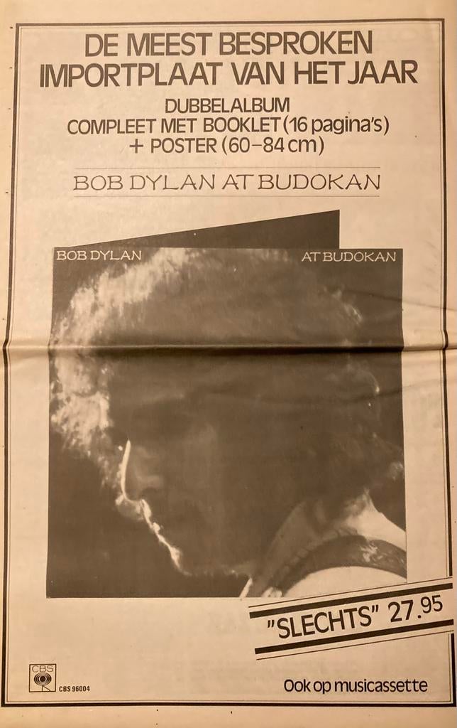 Paginagrote A3 advertentie BOB DYLAN Live Budokan release, Ophalen of Verzenden, Zo goed als nieuw, A1 t/m A3