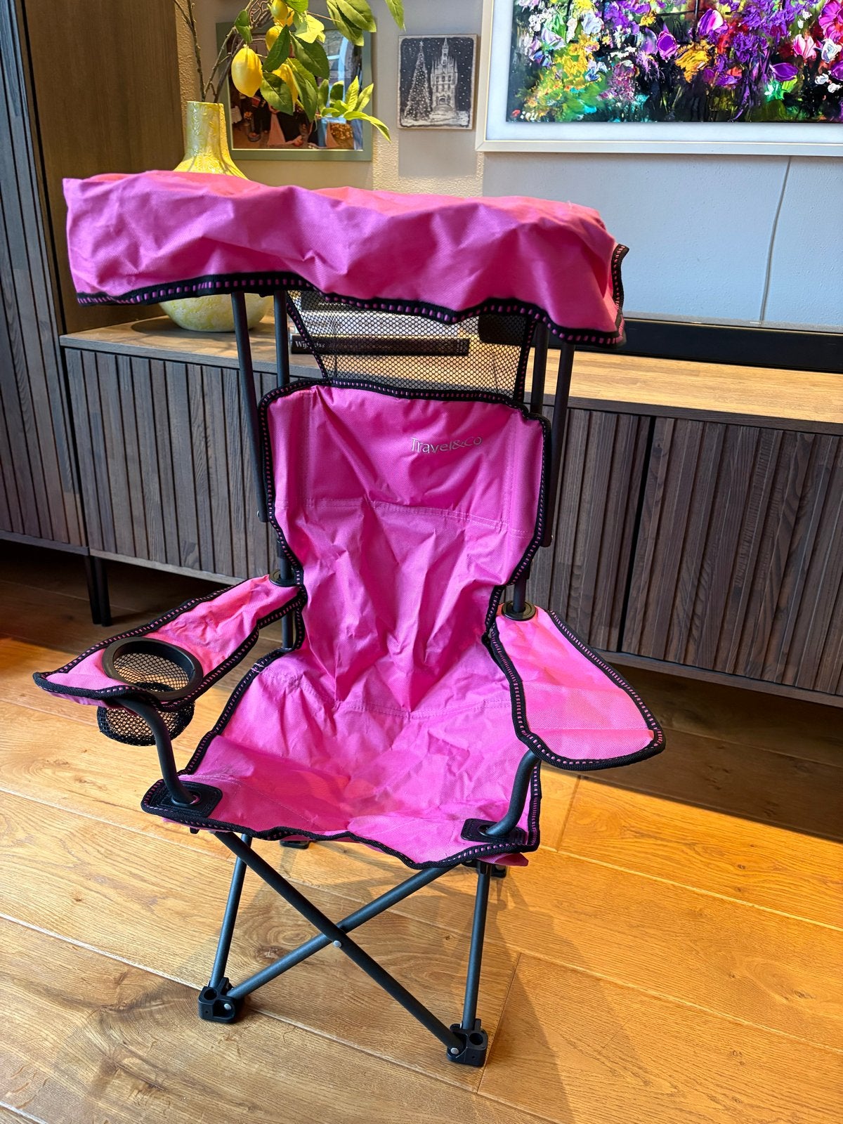 Roze Travel&Co campingstoel met zonnescherm en bekerhouder, Ophalen, Gebruikt, Campingstoel