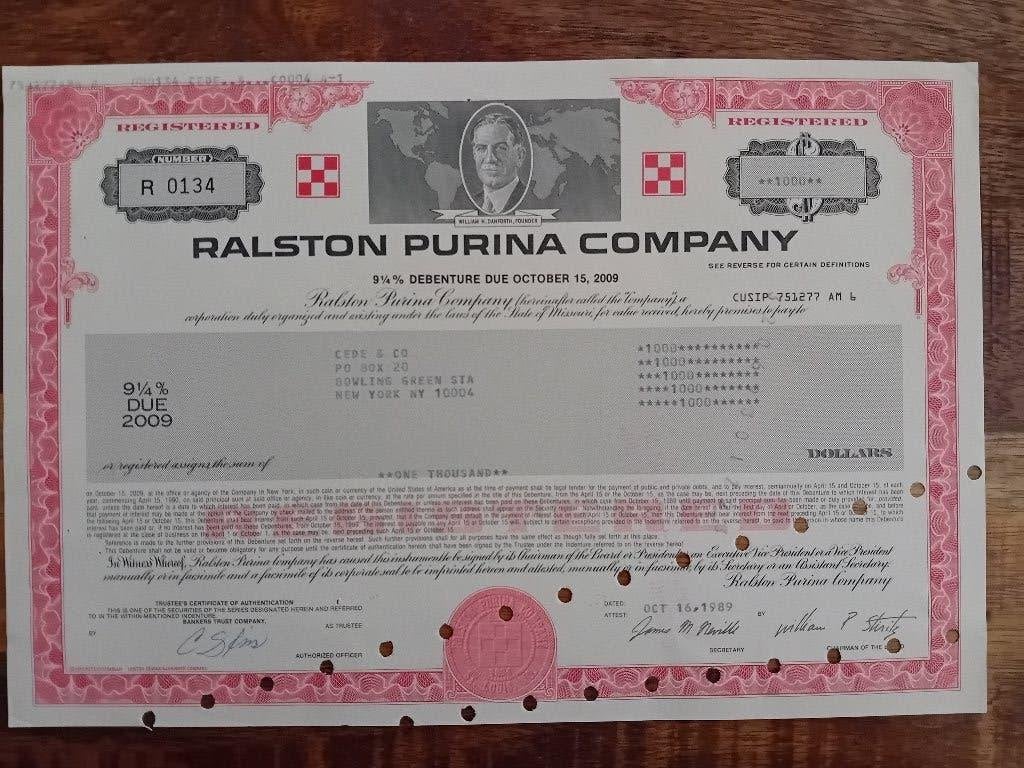 Aandeel Ralston Purina - 1989, Ophalen of Verzenden, 1970 tot heden, Aandeel
