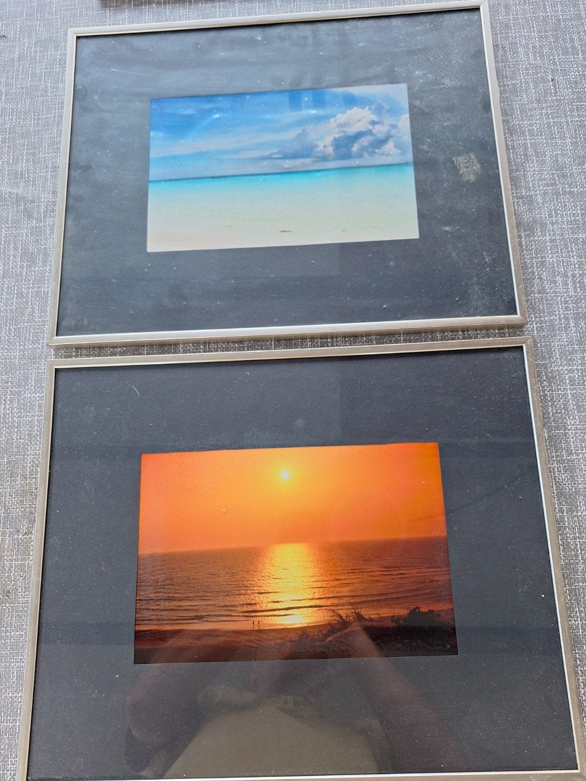 Set van 2 fotolijsten met strandafbeeldingen, Gebruikt, Ophalen of Verzenden, Fotolijst, Metaal