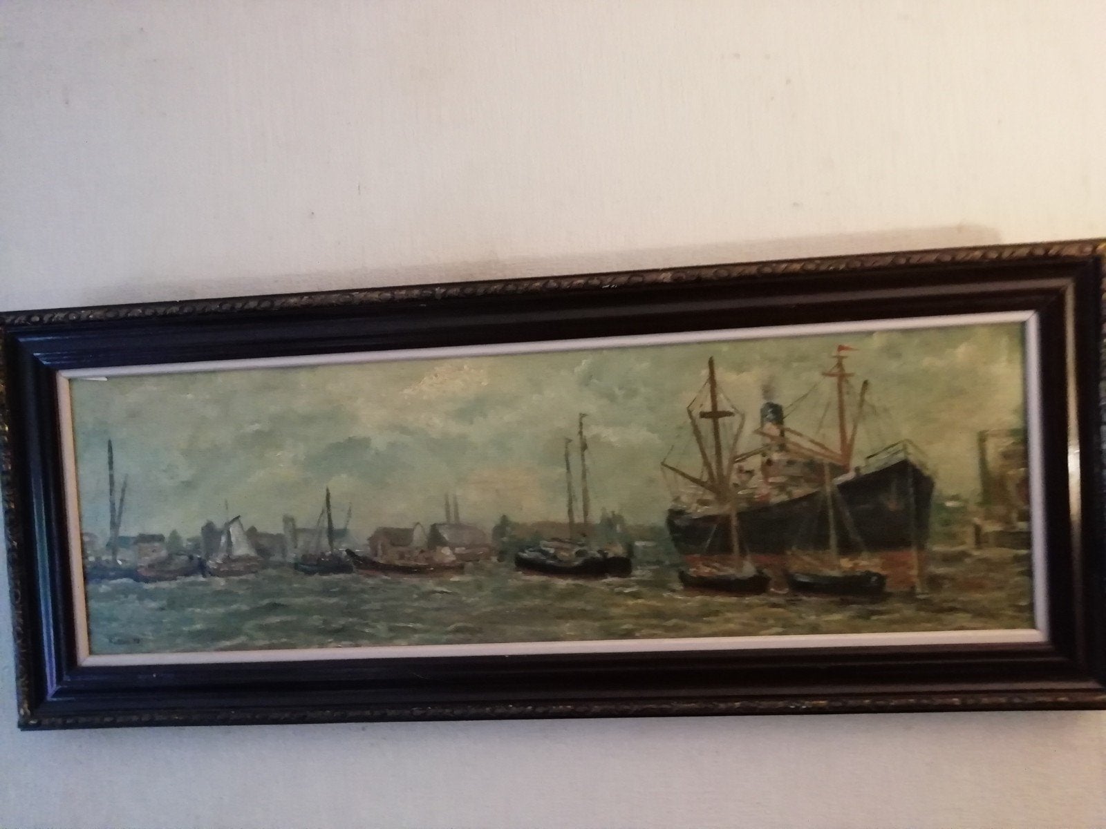 Prachtig schilderij van een havengezicht met schepen, Antiek en Kunst, Maritiem / water, Doek, Ophalen of Verzenden, Olieverf