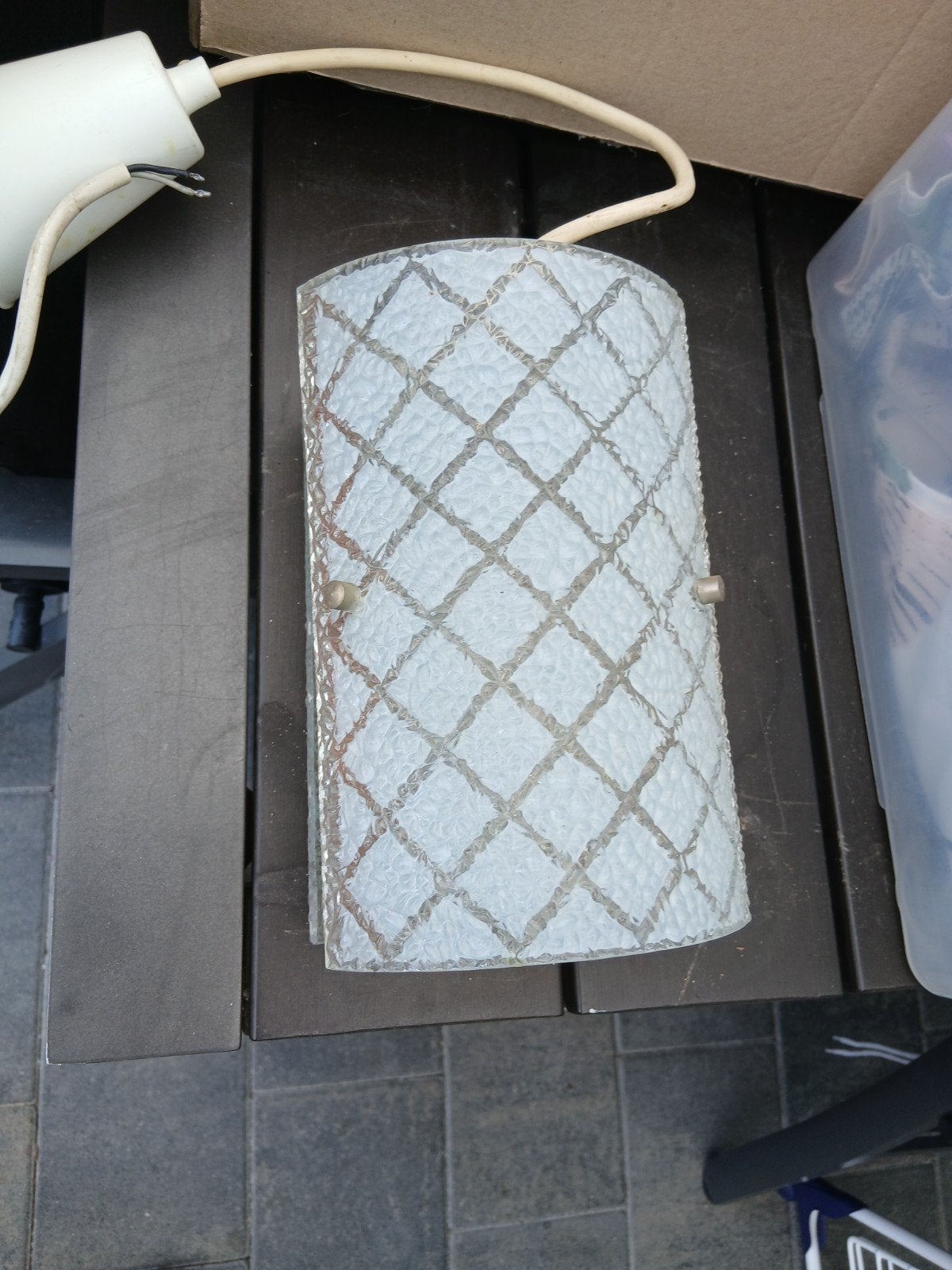 Vintage hanglampje met glas en hout, Gebruikt, Glas, E27 (groot), Vintage, Retro