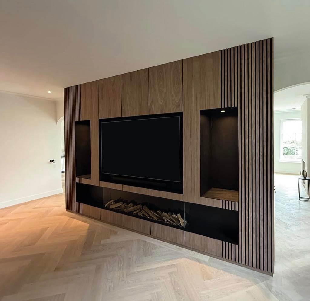 ACTIE Vanaf €850  japandi,Cinewall&mediawall. New collection, Huis en Inrichting, Ophalen of Verzenden, Nieuw, Inbouwhaard, Houthaard