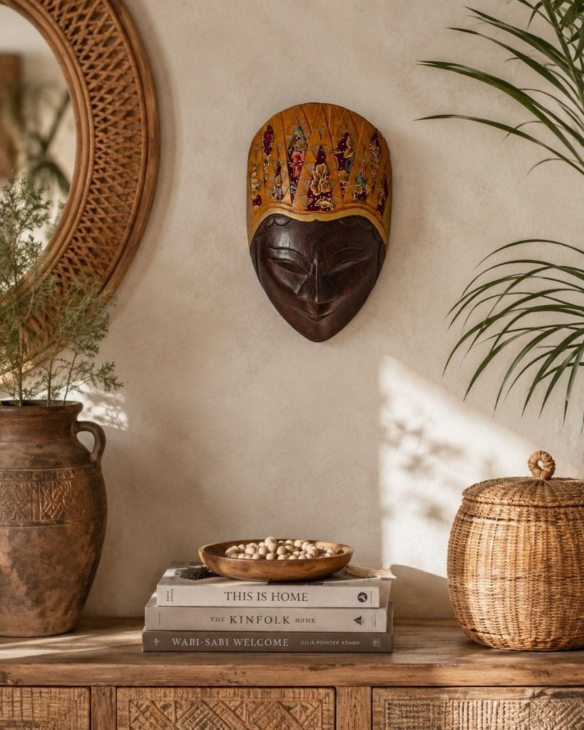 Houten Balinees wandmasker met batik, Antiek en Kunst, Kunst | Niet-Westerse kunst, Ophalen of Verzenden