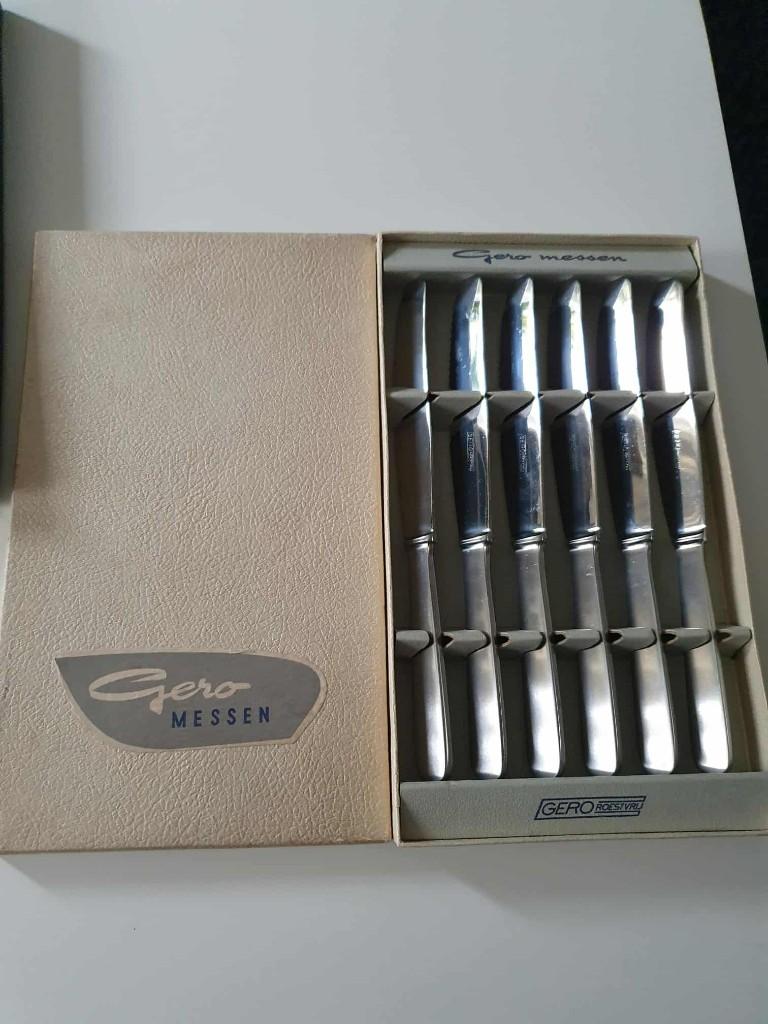 2 x setje van 6 stuks verzilverde messen roestvrij met doos, Ophalen