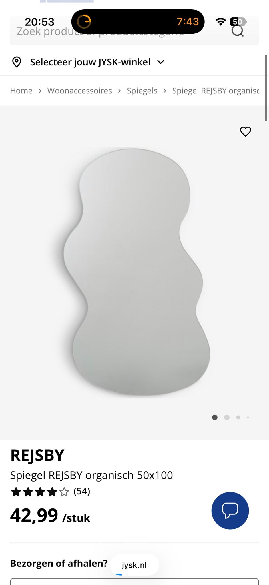 REJSBY Organische Spiegel 50x100 cm, Ophalen, 100 tot 150 cm, Zo goed als nieuw, Overige vormen