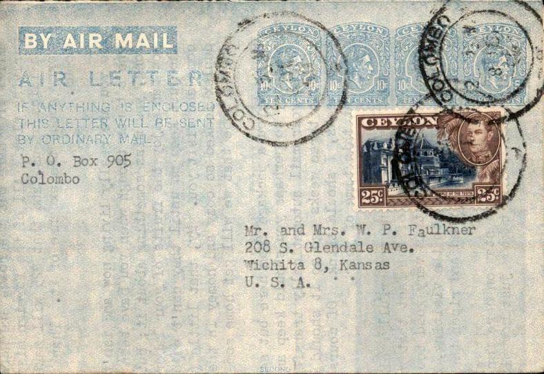Ceylon - Aerogramme - 1950 - met inhoud, Verzenden, Envelop