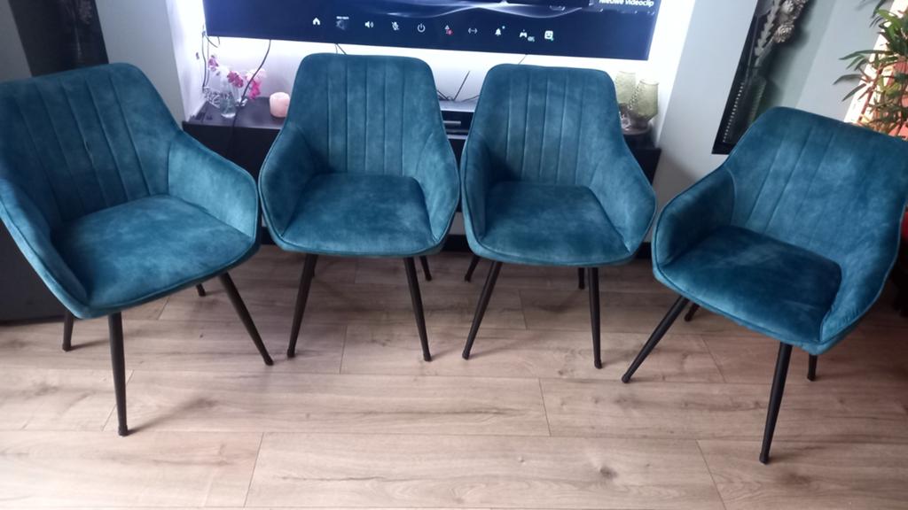 Turquoise stoelen - 4x, Huis en Inrichting, Stoelen, Turquoise, Overige kleuren, Ophalen of Verzenden, Zo goed als nieuw