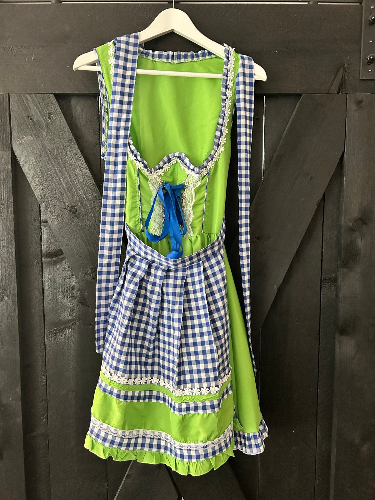 Dirndl jurk groen met blauw geruit schort, maat M, Maat 38/40 (M), Carnaval, Ophalen of Verzenden, Zo goed als nieuw