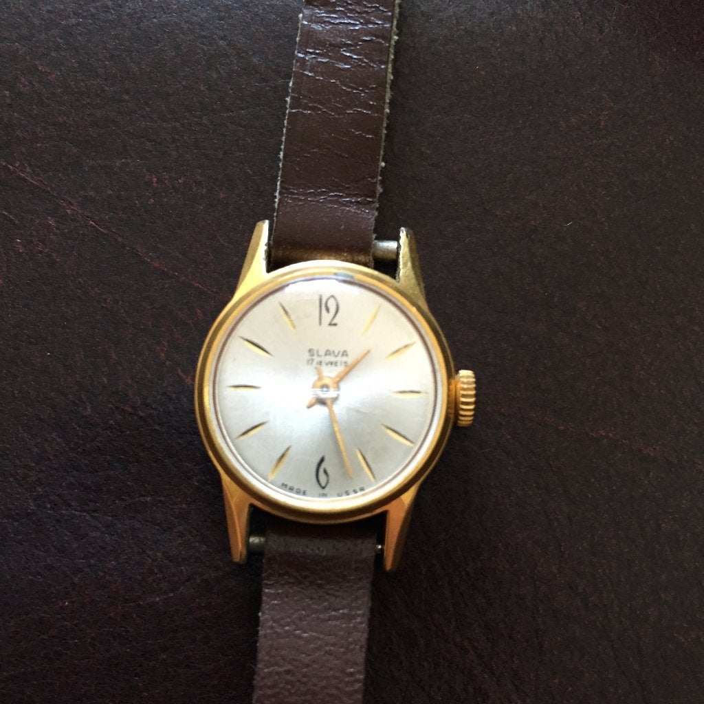 Slava 17 Jewels, dames horloge, vintage, Overige merken, Leer, Polshorloge, Ophalen of Verzenden