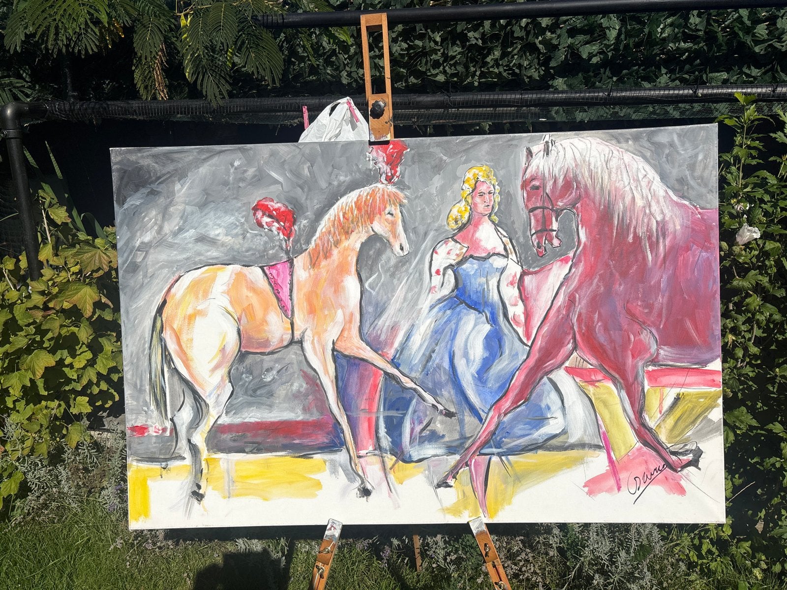 Schilderij: Dame met Paarden, Antiek en Kunst, Ophalen of Verzenden