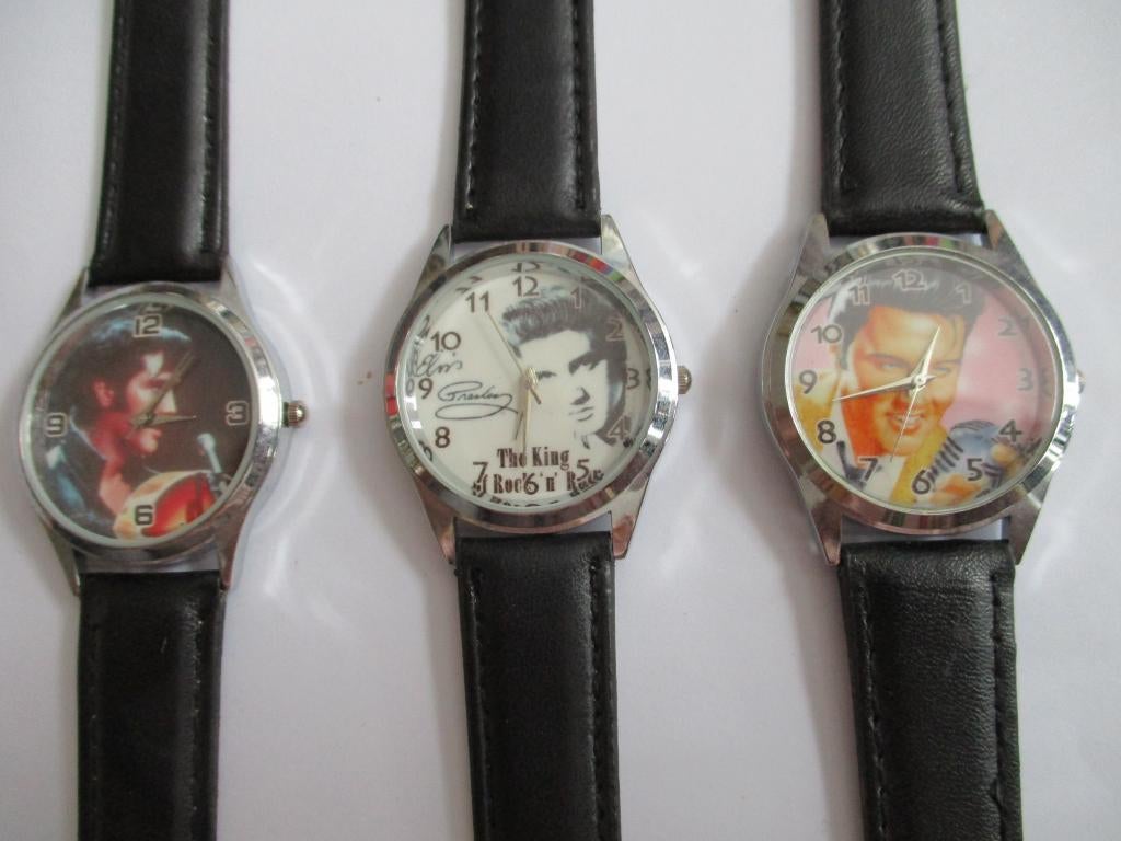 ELVIS PRESLEY - Set van 3 HORLOGES met Zwarte Bandjes., Ophalen of Verzenden, Zo goed als nieuw, Overige typen