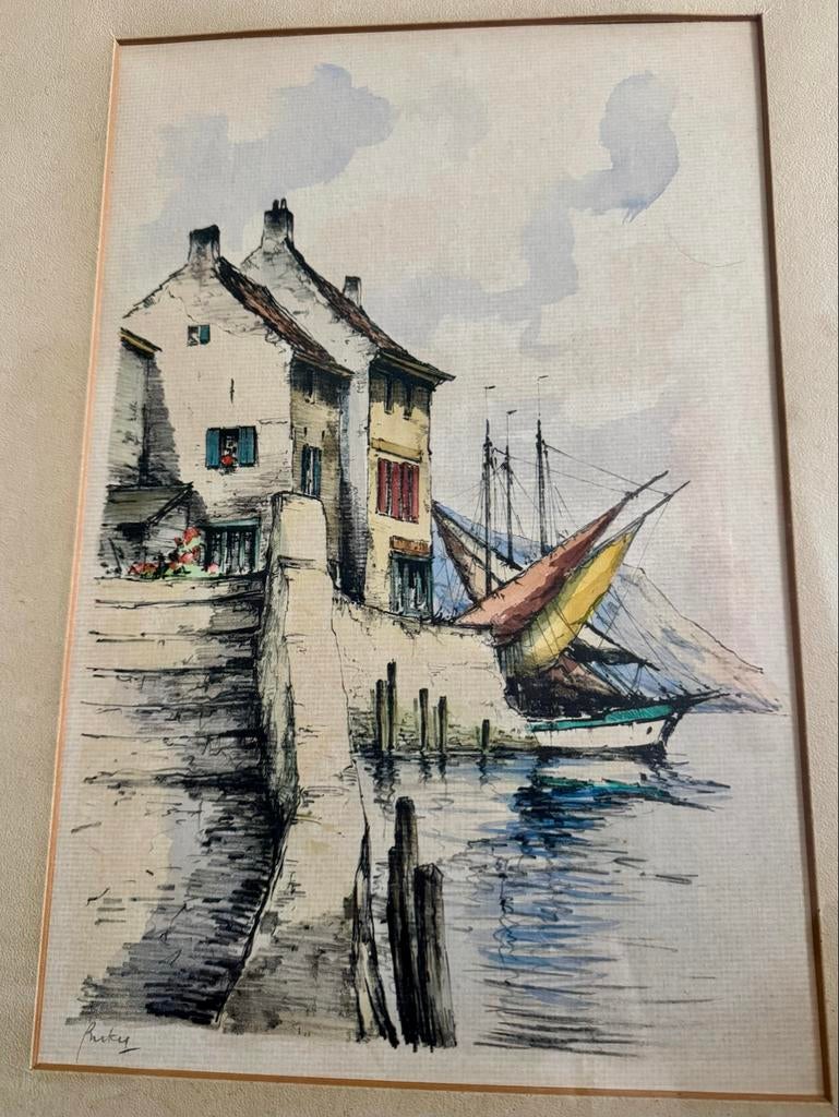 Vintage aquarel van kunsthandel Borzo: havengezicht, Ophalen of Verzenden