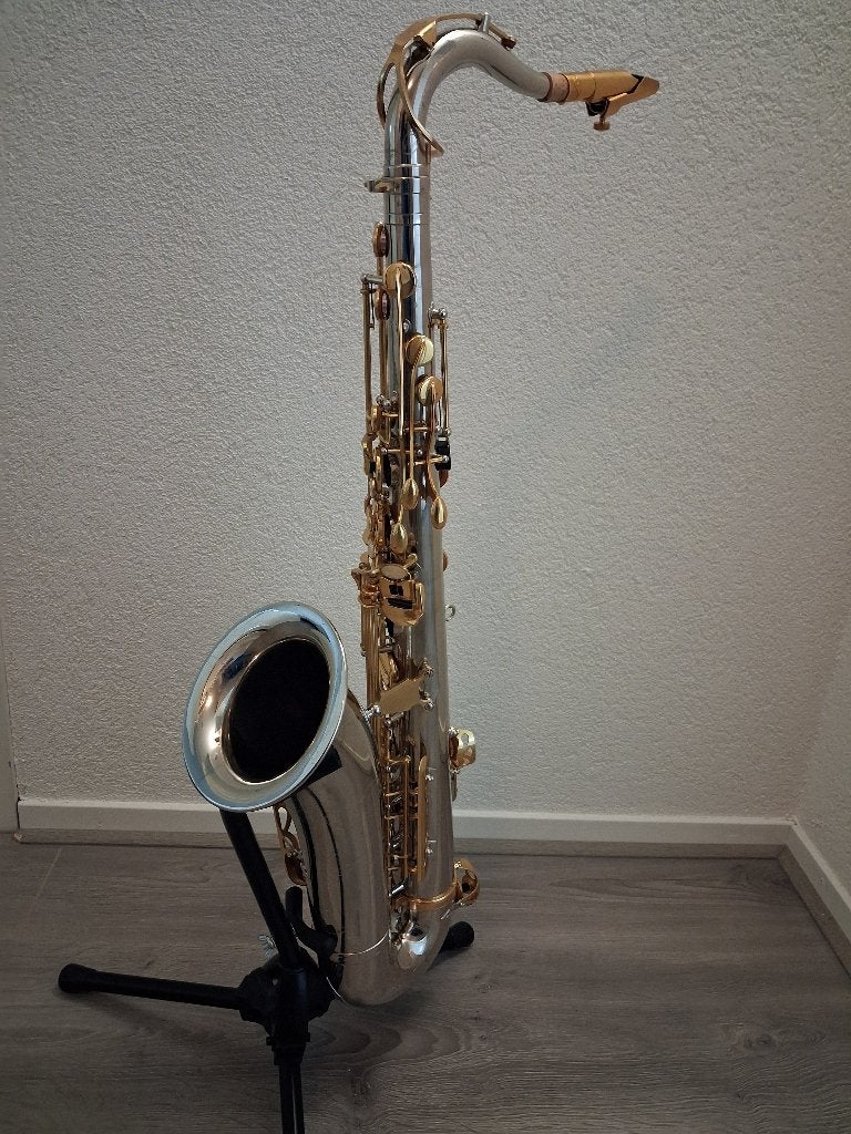 Fraaie zilverkleurige Tenor-saxofoon - compleet met koffer, Muziek en Instrumenten, Ophalen, Zo goed als nieuw, Tenor, Met koffer