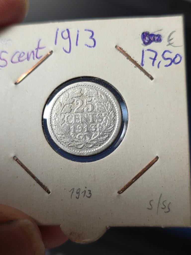 25 cent 1913 Nederland, Verzenden, Zilver, 25 cent, Koningin Wilhelmina