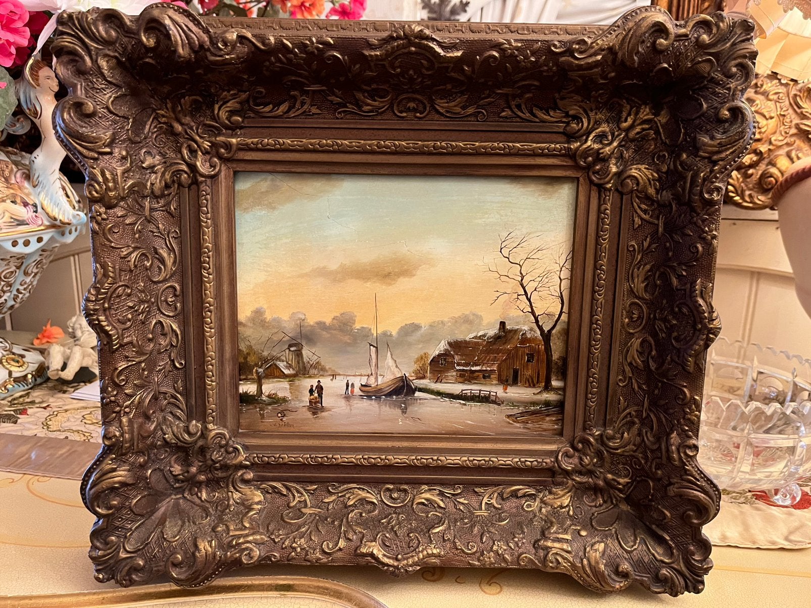Antiek olieverf winterlandschap schilderij, Antiek en Kunst, Ophalen