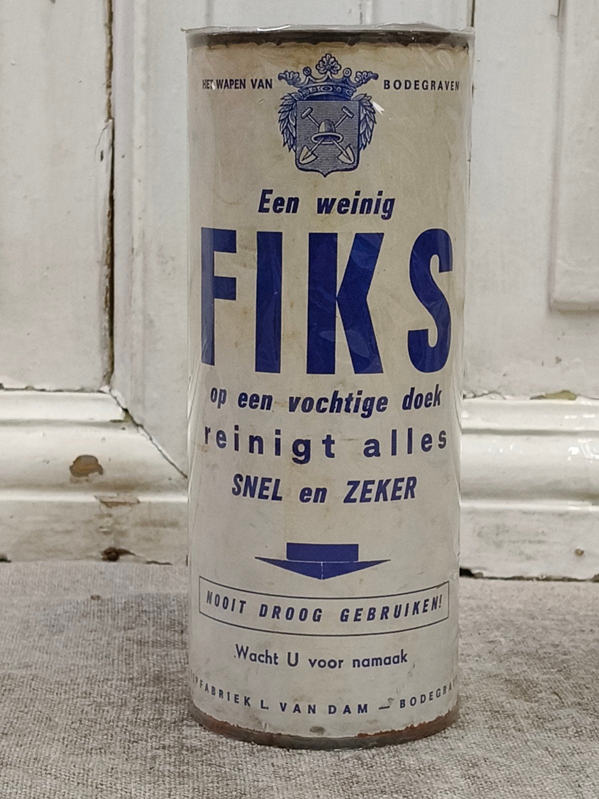 Oud blik/ doos Fiks schuurmiddel Bodegraven, Verzamelen, Merken en Reclamevoorwerpen, Ophalen of Verzenden, Gebruikt, Verpakking