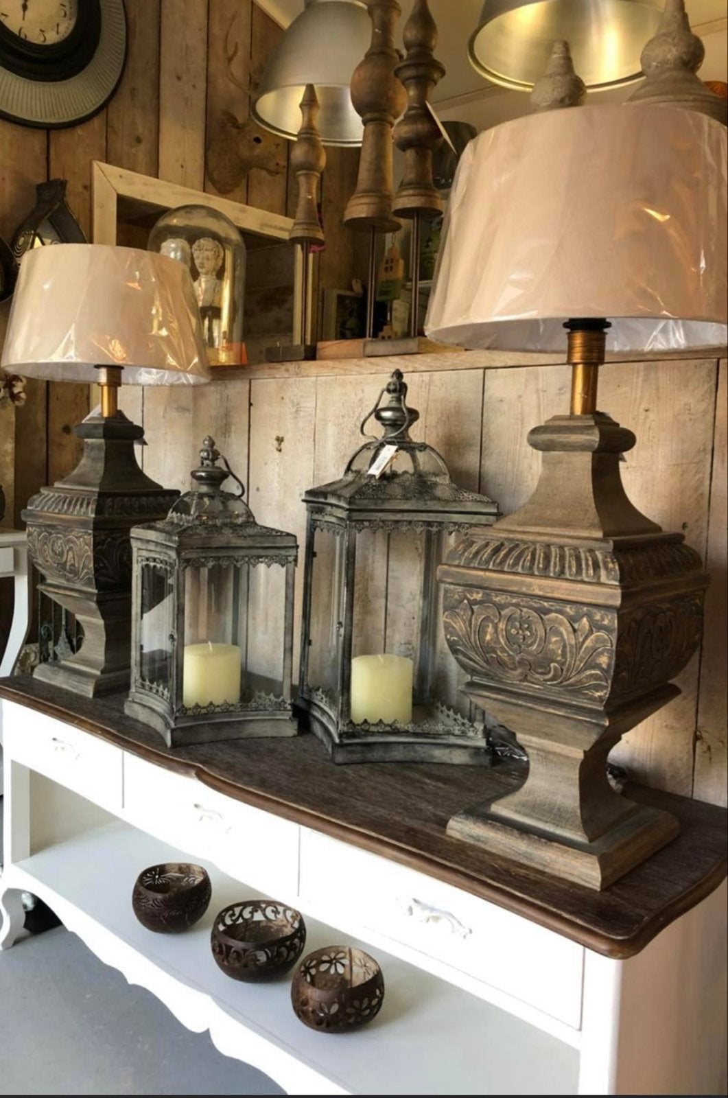 Clayre & Eef Houten Baluster Lampenvoeten met Houtsnijwerk, Ophalen, Overige merken, Nieuw, E27 (groot)