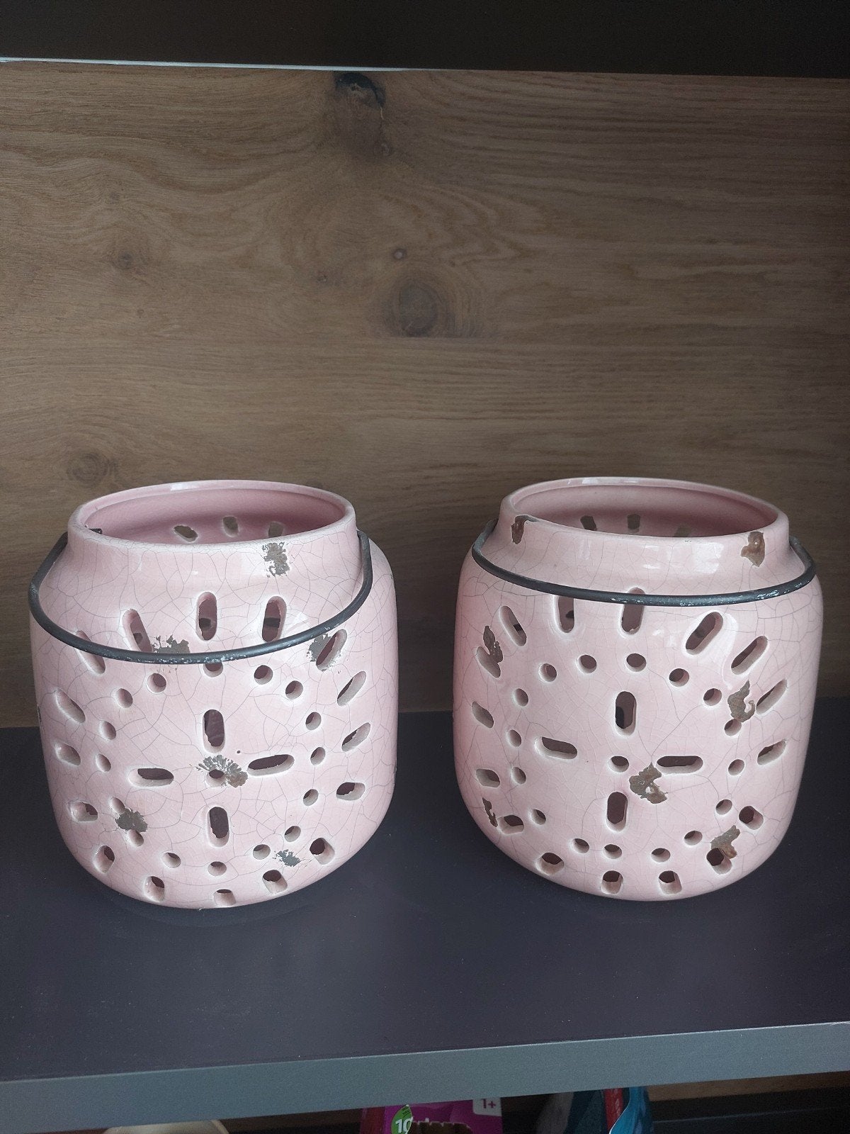 Set van twee roze keramische windlichten, Ophalen, Zo goed als nieuw, Roze, Steen/keramiek