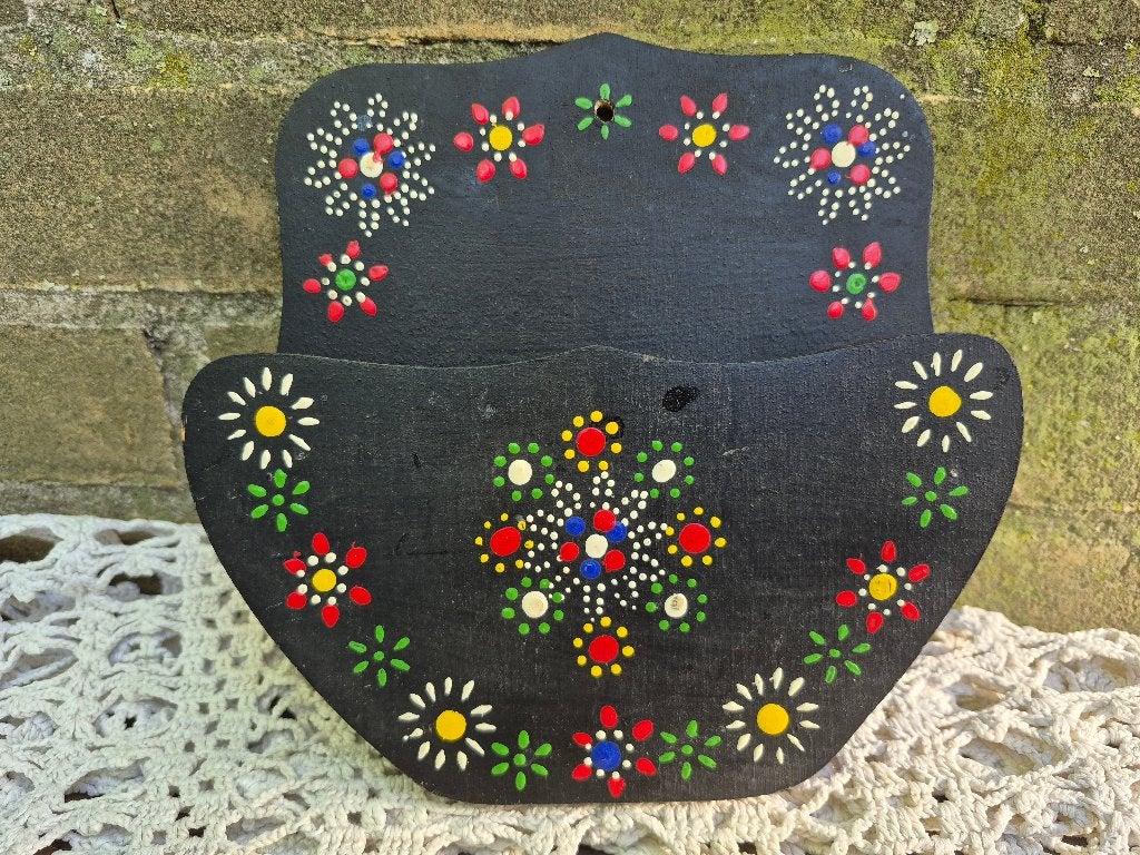 Vintage houten koffiefilterhouder met bloemmotief, Hout, Ophalen of Verzenden, Zwart, Overige typen