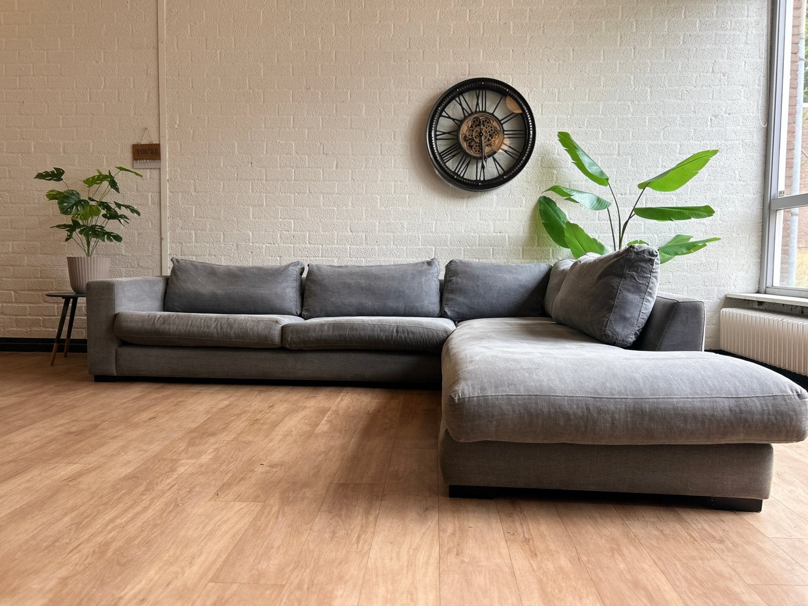 Grote gereinigde grijze lounge hoekbank | Wasbare hoezen, Luxe, Hoekbank, 300 cm of meer, Ophalen of Verzenden