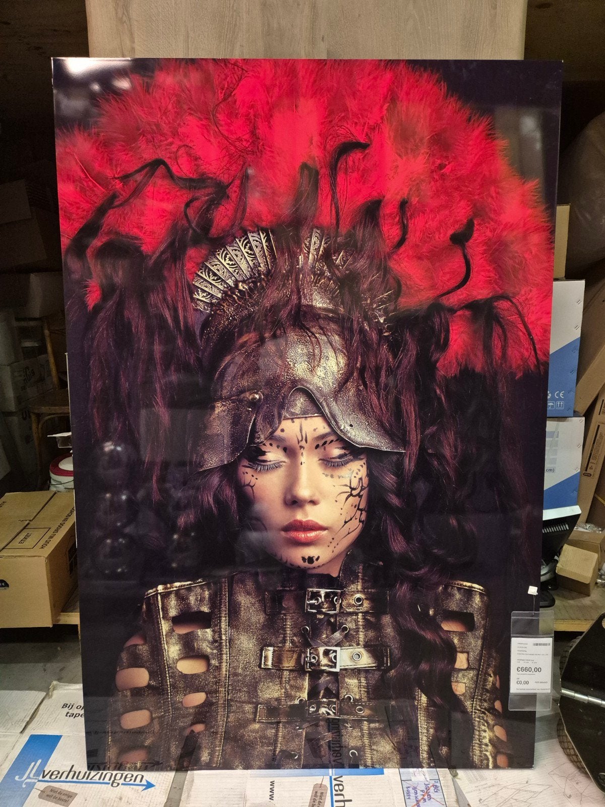 Modern Portret Schilderij met Rode Veren Hoofdtooi, Ophalen, Metaal, Print, Portret