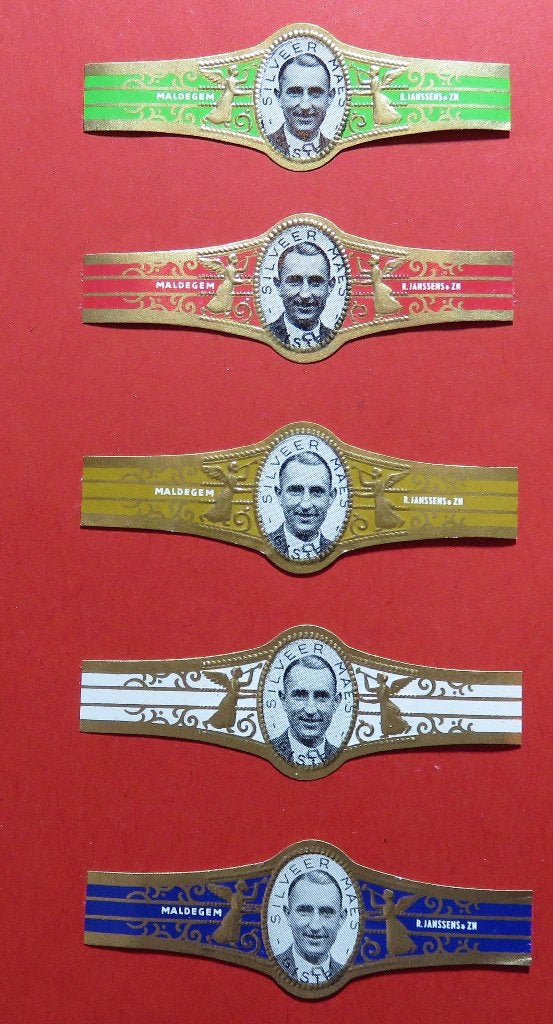 Sigarenbandjes Reclamebandjes R.Janssens & Zn. Silver Maes5x, Verzenden, Gebruikt, Sigarenbandjes