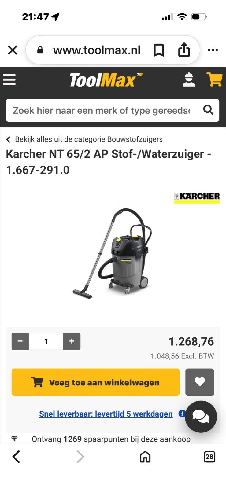 Karcher NT 65/2 AP Stof-/Waterzuiger - 1.667-291.0, Ophalen of Verzenden, Zo goed als nieuw, Waterstofzuiger