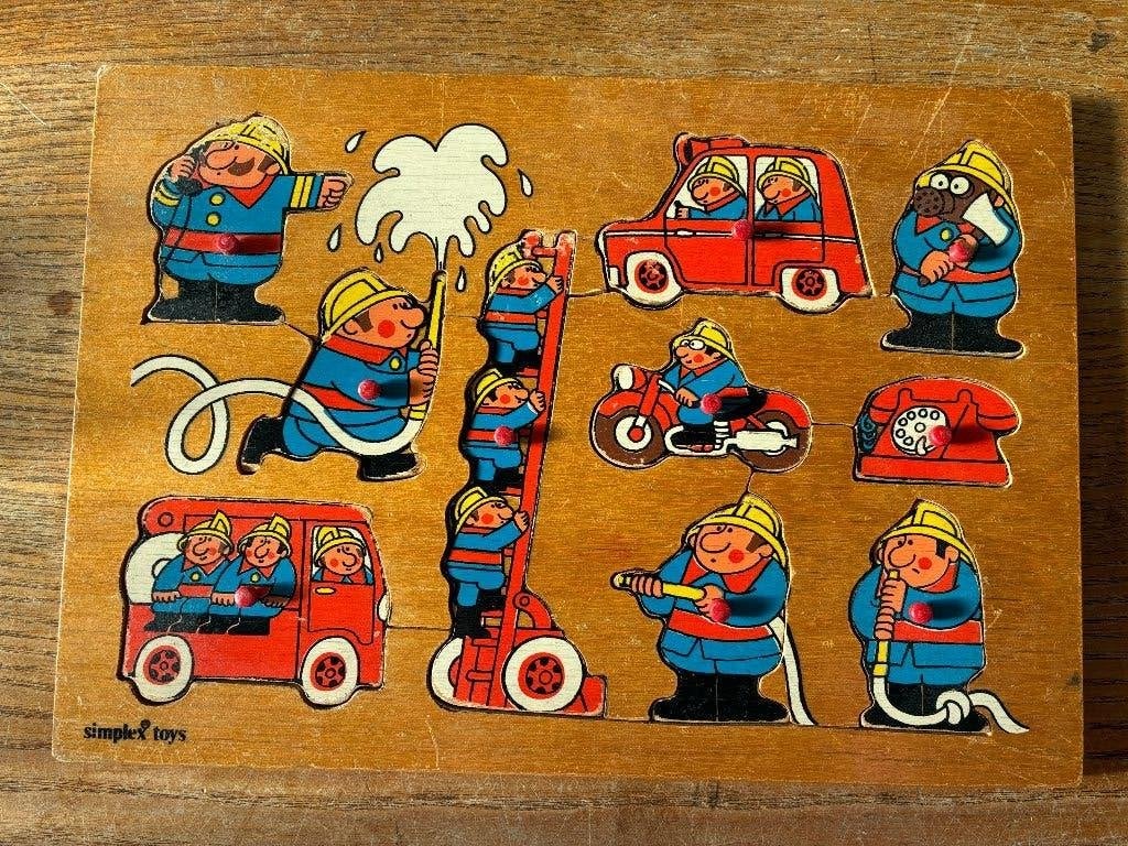 Vintage Simplex houten knopjespuzzel puzzel brandweer, Verzamelen, Ophalen of Verzenden, Gebruikt