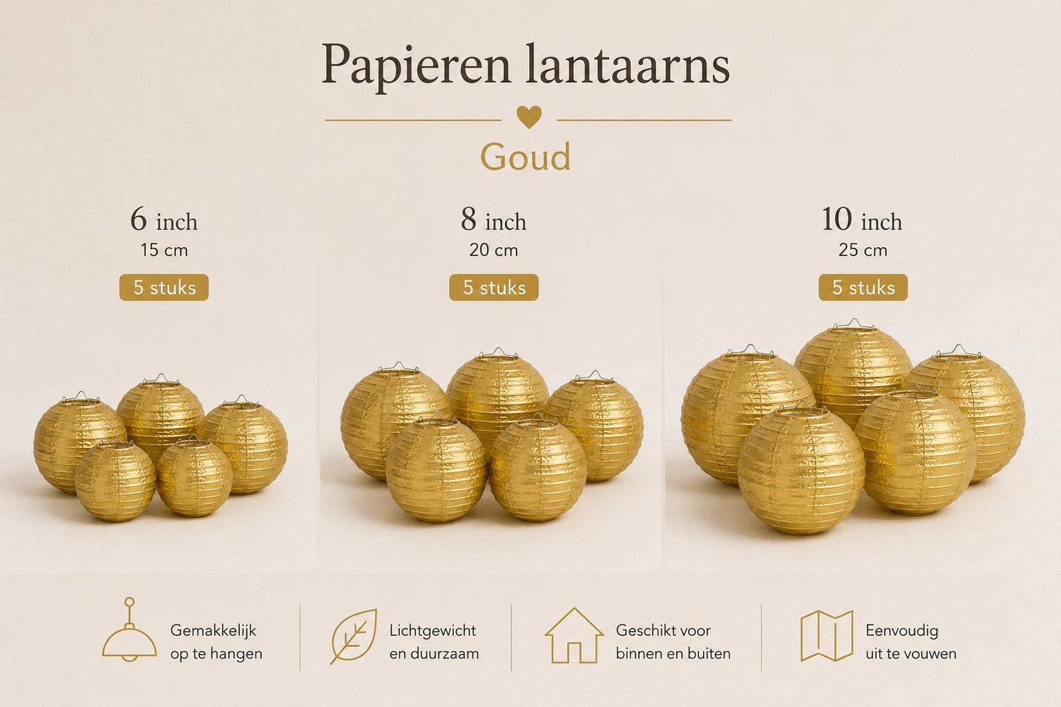 Lampionnen Set van 5 Stuks in 3 Maten - Goud, Verzenden, Nieuw, Goud, Papier/karton