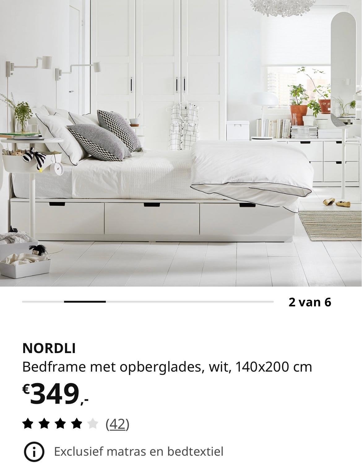 IKEA Nordli Bedframe en Brimnes Hoofdbord (140x200 cm) - Wit, Huis en Inrichting, Ophalen, Gebruikt, Wit, Tweepersoons
