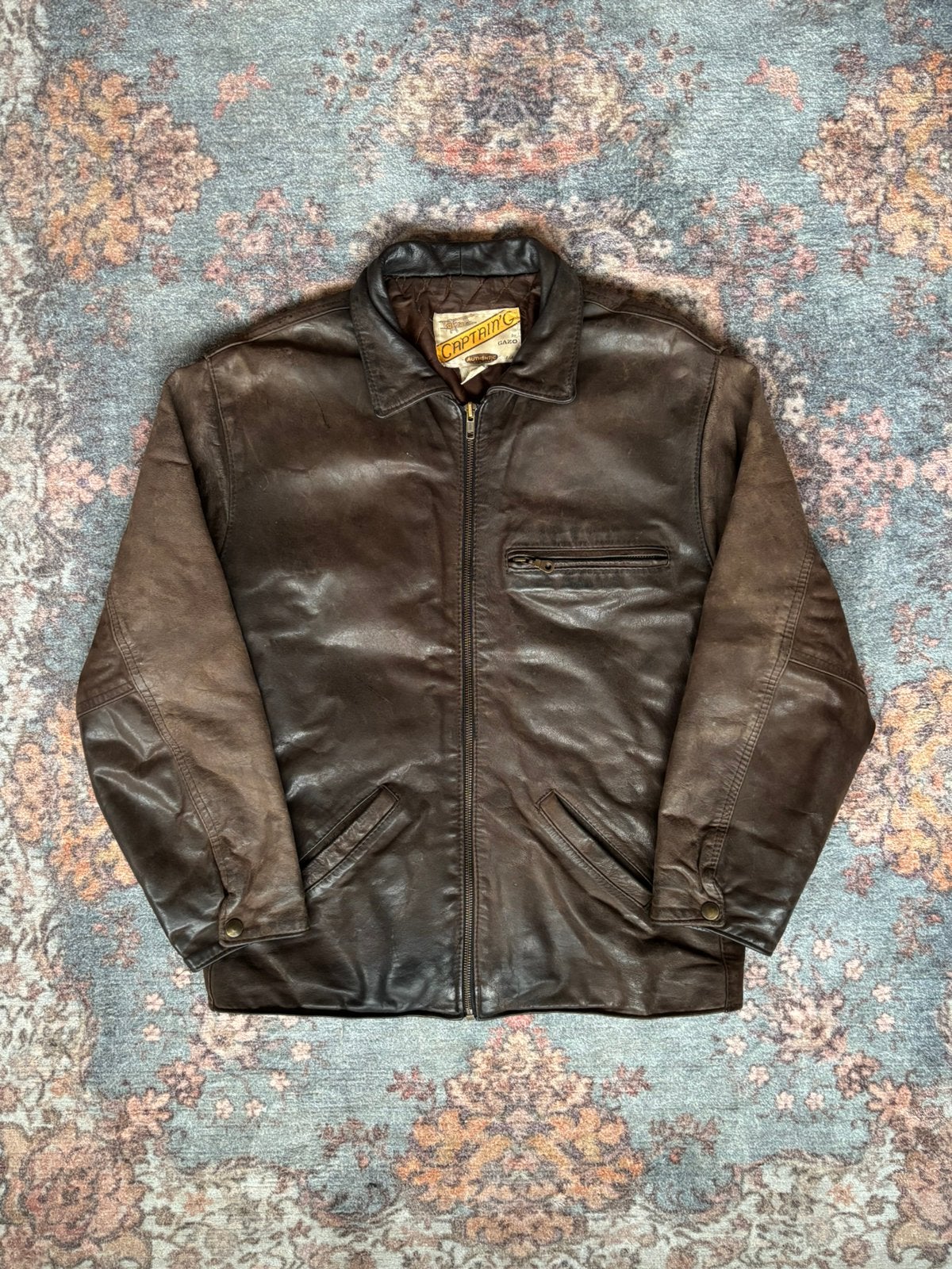 Vintage 90’s Captain’G Faded Leather Jacket Bruin - Maat M, Ophalen of Verzenden, Gedragen, Maat 48/50 (M), Bruin