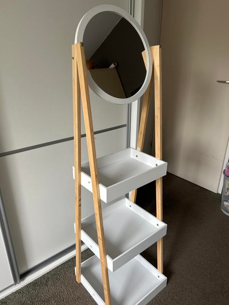 (Badkamer)rekje met spiegel - hout en wit, Ophalen, Gebruikt, 50 tot 75 cm, 100 tot 150 cm