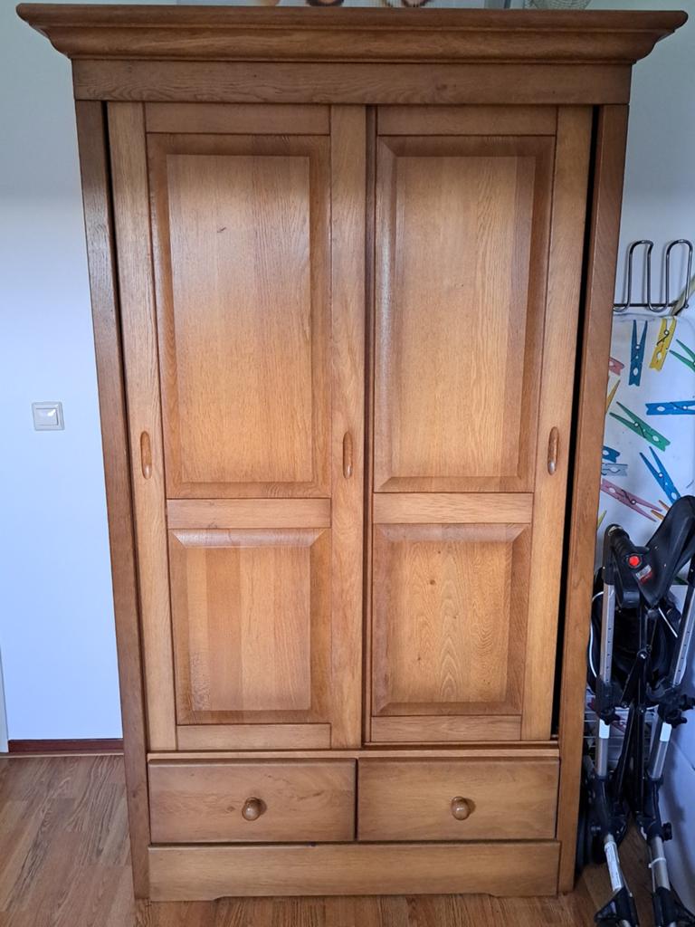 Eiken kledingkast met schuifdeuren en 2 laden, Ophalen, Gebruikt, 100 tot 150 cm, 1 of 2 laden