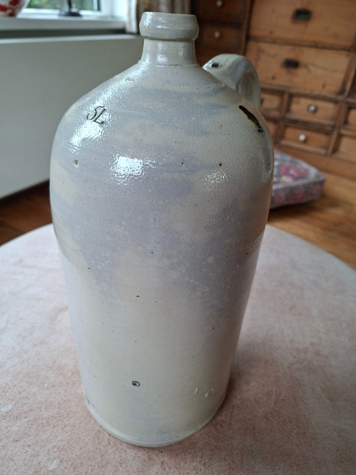 Vintage, brocante, grote, grijze kruik met oor, 5 liter., Ophalen of Verzenden