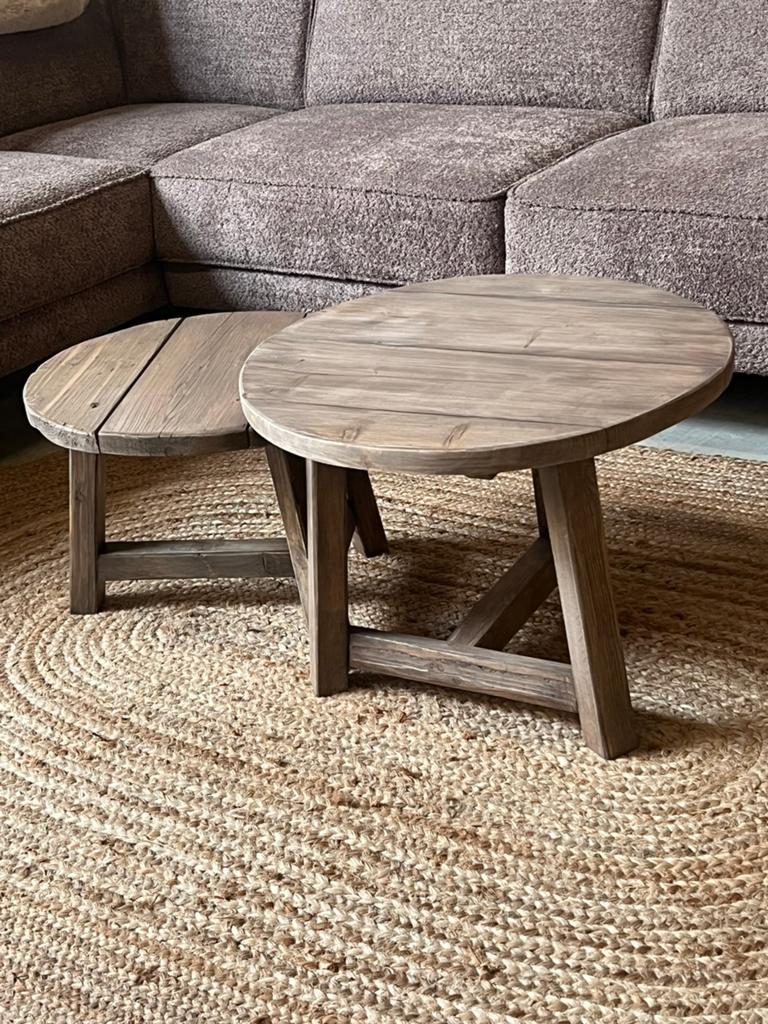 Set salontafels oud hout vergrijst, Huis en Inrichting, Tafels | Salontafels, Ophalen, Rond, Nieuw, 50 tot 100 cm