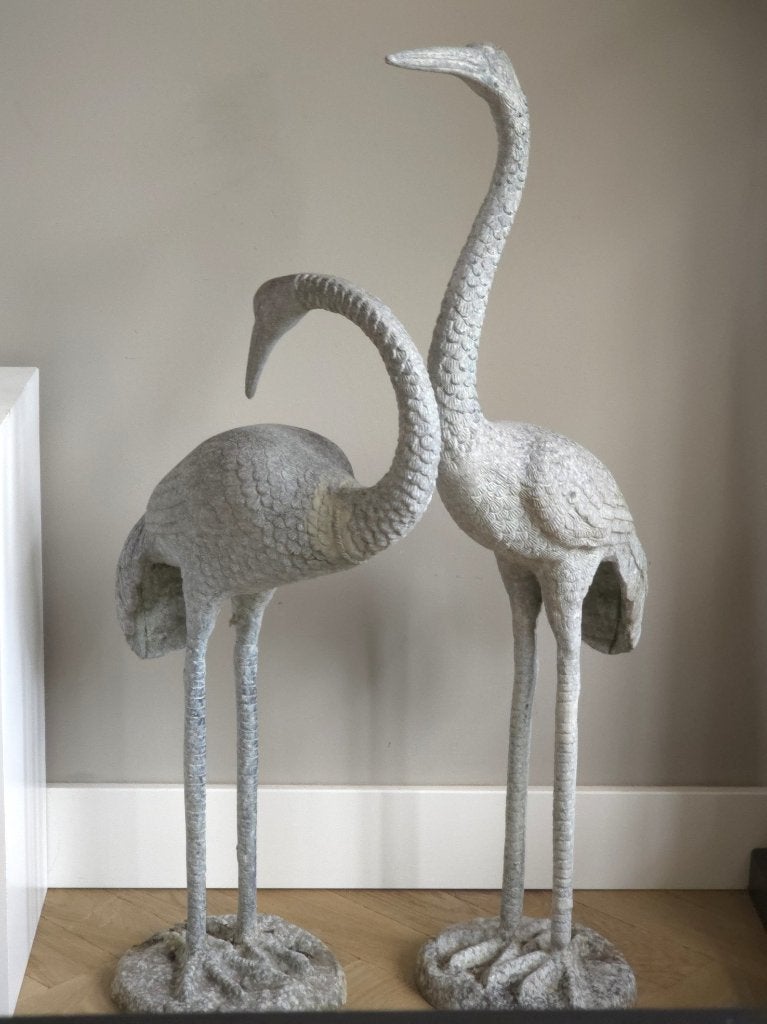 Paar Monumentale Antieke Zinken Tuinvogels – Kraanvogels, Antiek en Kunst, Ophalen of Verzenden