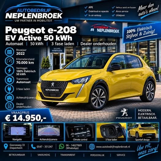 Peugeot e-208 EV Active 50 kWh Automaat Bj 2022 SOH 94% 3 fa, Dealer onderhouden, 136 pk, Gebruikt, Zwart