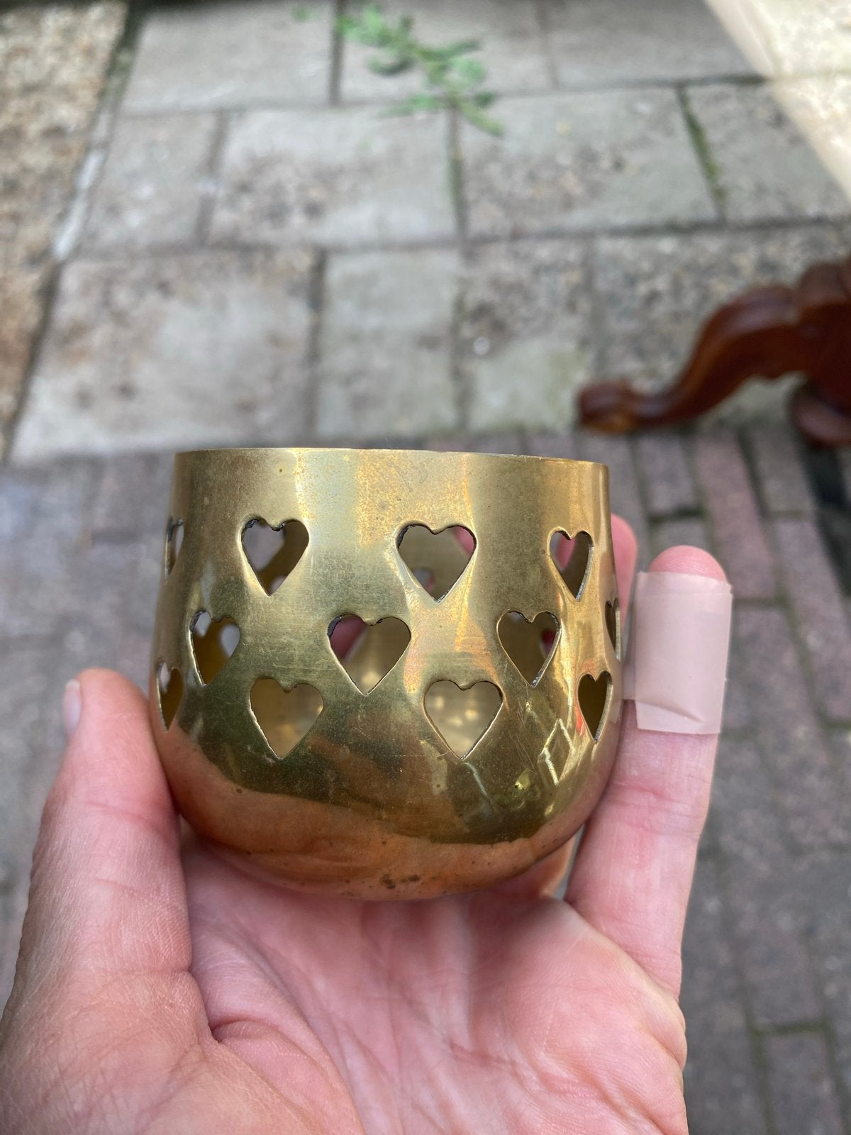 Messing theelichthouder met hartjes, Ophalen of Verzenden, Koper of Brons