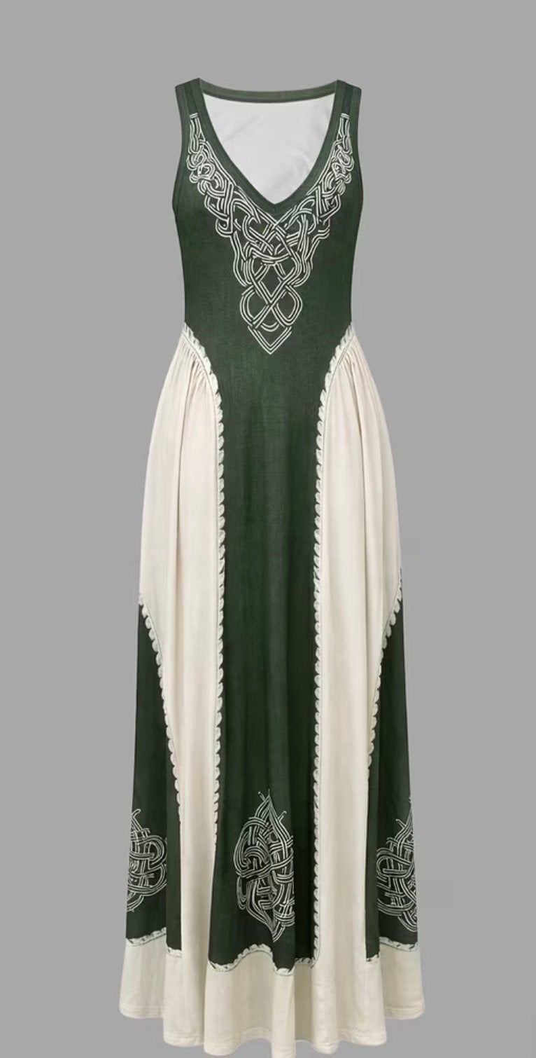 Vintage Etnische Viking Jurk - Olijfgroen/Ecru - Maat L, Kleding | Dames, Maat 42/44 (L), Ophalen of Verzenden, Zo goed als nieuw
