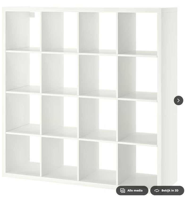 Kallax kast, wit, 16 vakken, Ophalen, Met plank(en), Gebruikt, 100 tot 150 cm