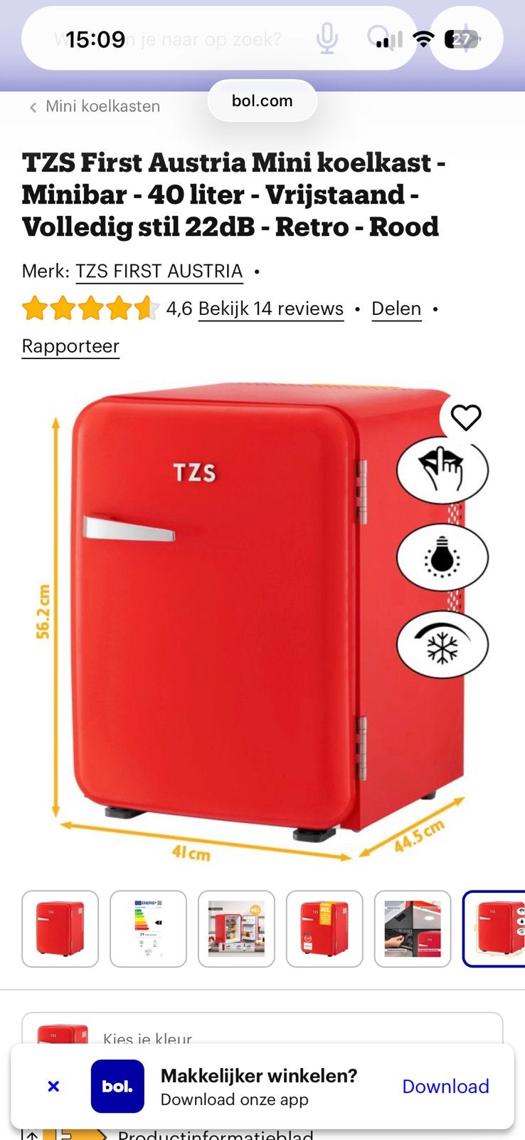 TZS First Austria Mini koelkast rood - 40 liter stil Retro, Ophalen, Zonder vriesvak, Minder dan 45 cm, Minder dan 85 cm