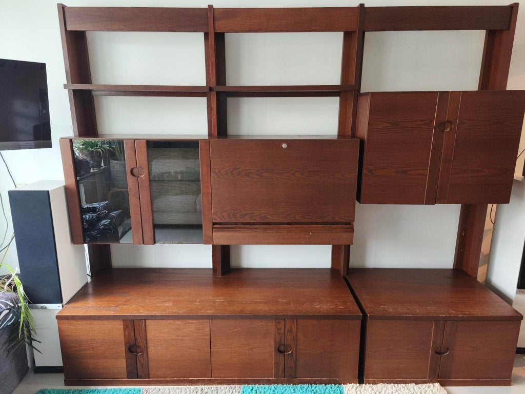 Vintage wandkast jaren 70,  met barkast en verlichting, Antiek en Kunst, Ophalen