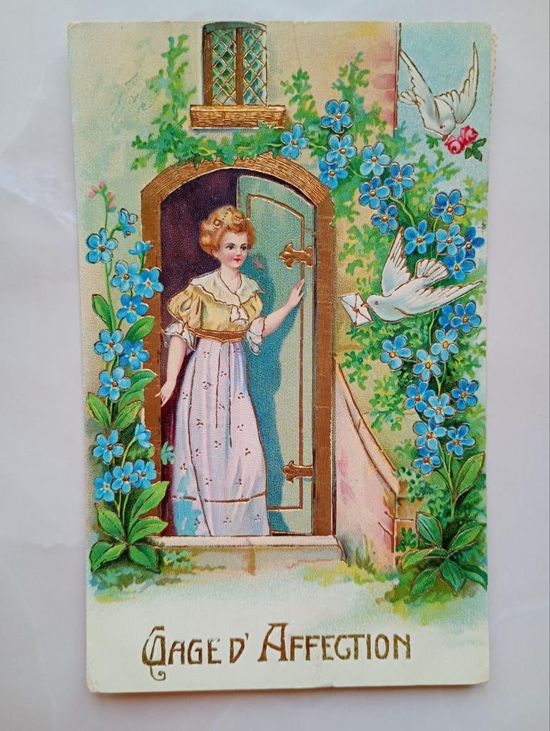Antieke kaart, dame met duiven en vergeet mij nietjes, Ophalen of Verzenden, Voor 1920, Overige thema's