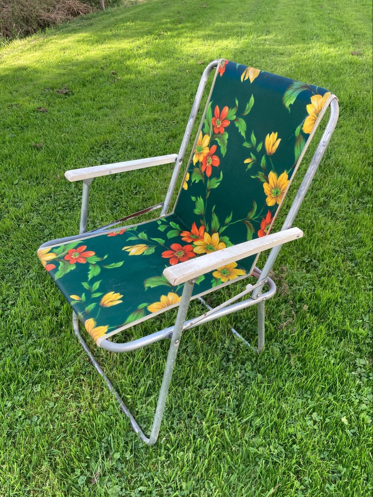 Vintage campingstoel jaren '70 met bloemenprint, Ophalen, Gebruikt, Campingstoel