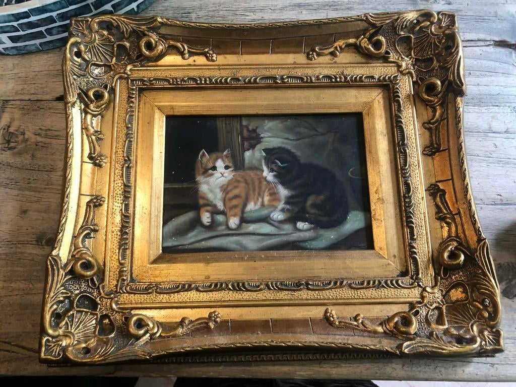 Schilderij met poezen in gouden lijst, Antiek en Kunst, Kunst | Schilderijen | Klassiek, Ophalen