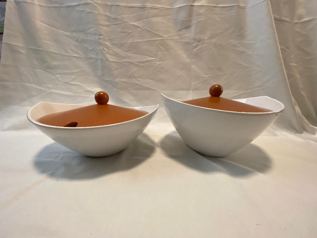 Retro Set van 2 dekschalen met deksel Regina Gouda Sunny Pri, Gebruikt, Ophalen of Verzenden, Schaal of Schalen, Overige stijlen