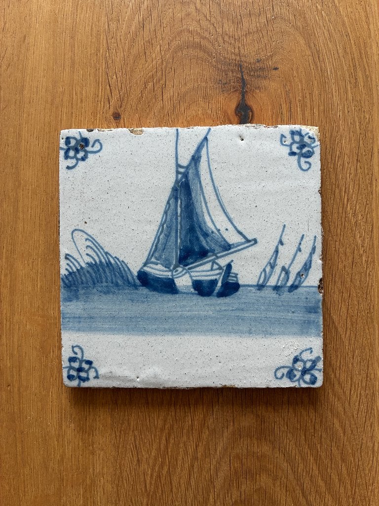 Antieke 18e-eeuwse Delfts blauwe tegel - Zeilschip, Ophalen of Verzenden