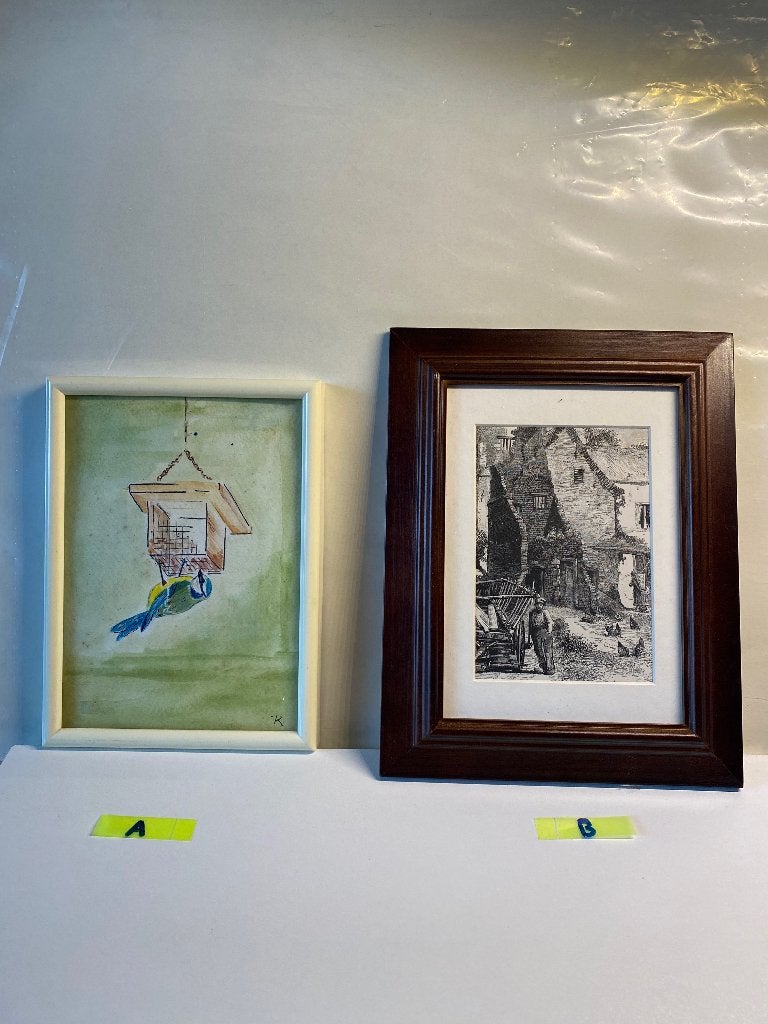 Ingelijste aquarel en gravure : A + B, 18 cm, Ingelijst, Stadsgezicht, 23 cm
